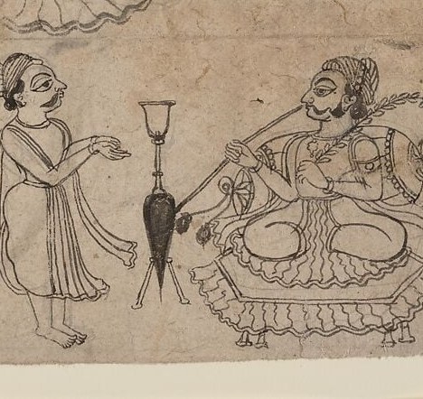 Body scale signals wealth and authority , possibly the patron or raja himself; the exaggerated girth is a conventional marker of prosperity in Pahari court painting.