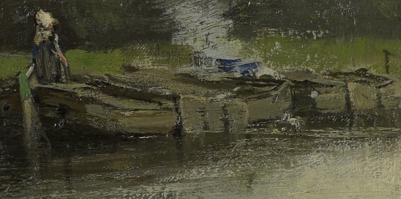 The barge is the central element of the scene, representing transport and the livelihood of the canal.