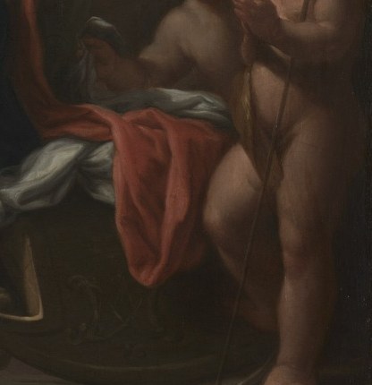 The red drapery symbolizes passion or sacrifice.