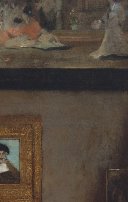 This is Degas's copy of the portrait of Frederick the Wise then attributed to Cranach the Elder; its deliberate placement signals both men's reverence for Northern Renaissance painting, a hidden art-historical argument embedded in the background.