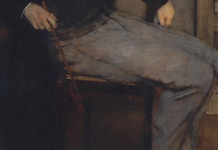 Rendered with individual care amid otherwise loose handling; the stillness of idle hands conveys ease and social confidence, contrasting with the busy studio around him.