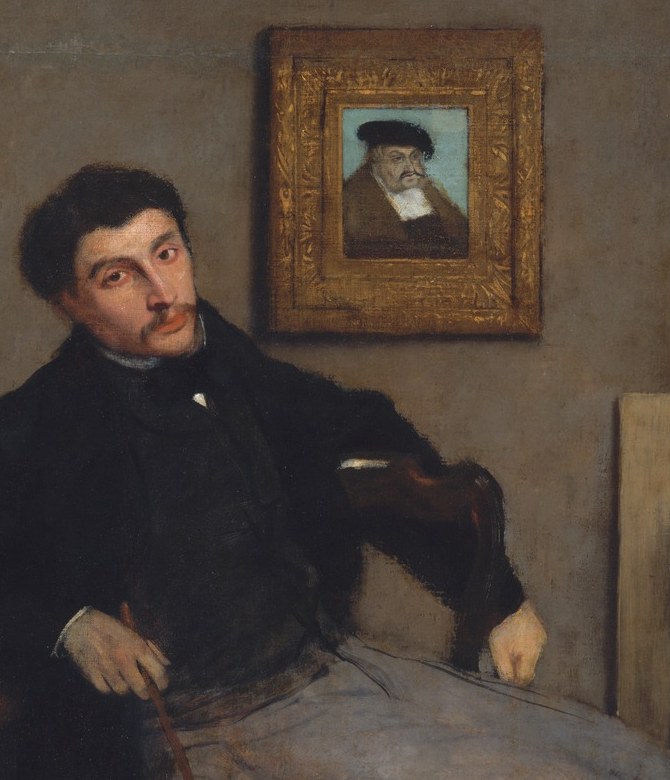 The close, academic rendering of fabric shows Degas's early training; the precision of the lapels and cravat against the looser background reveals where his attention was most concentrated.