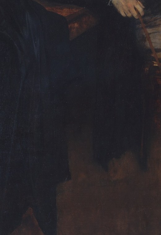 Accessories of Parisian dandyism; the satin catch of light in dark surroundings is a small virtuoso passage and signals Tissot's fashionable self-presentation.