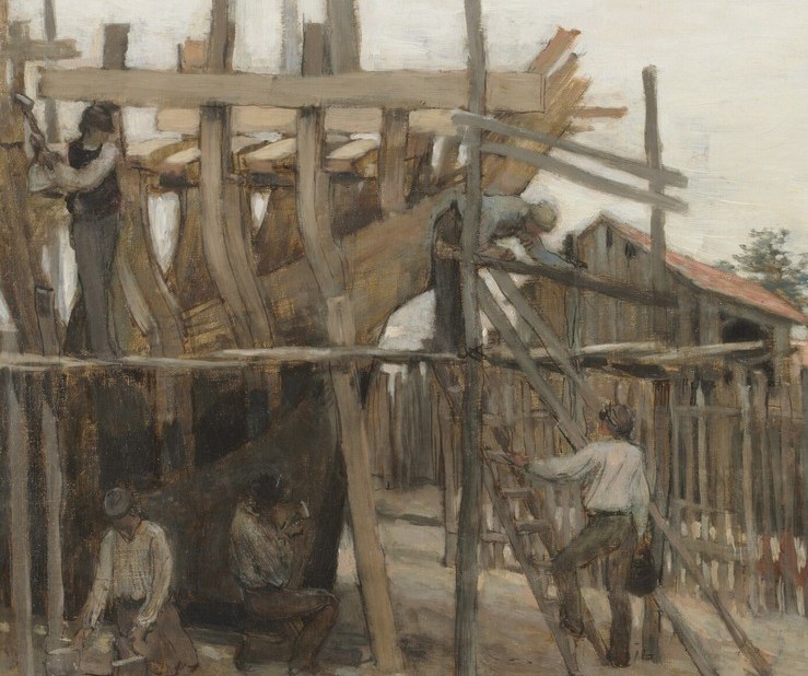 A ship takes shape, a skeletal structure.