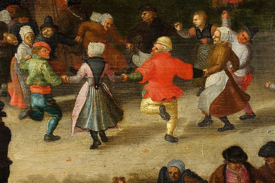Musicians play, and villagers dance in a circle.