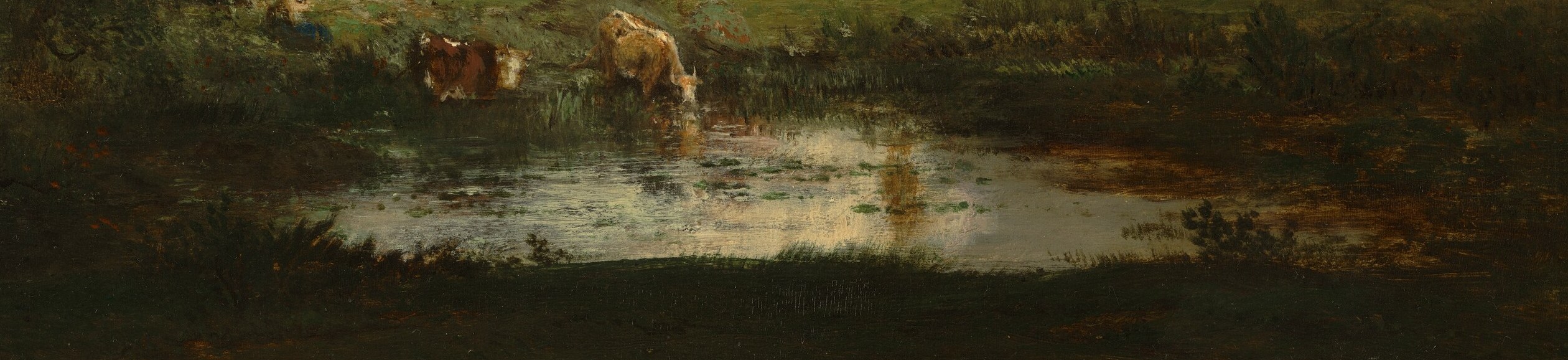 The water reflects the sky and surrounding landscape, creating a sense of depth and mirroring the scene.