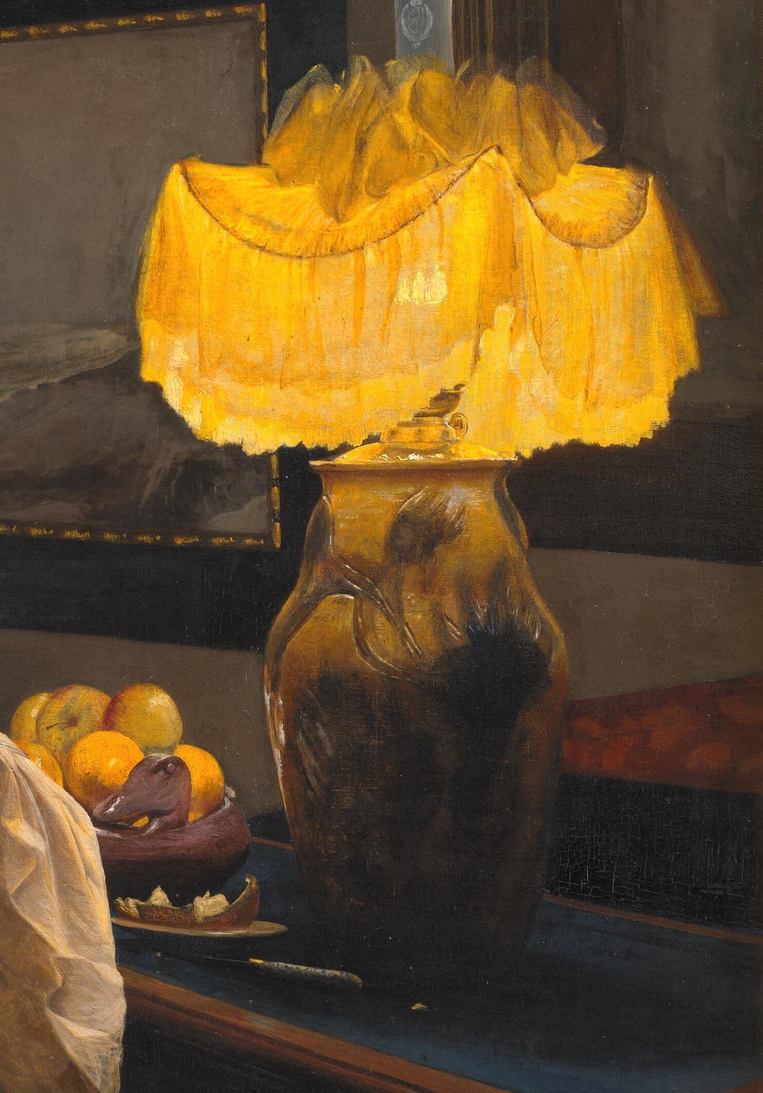 Its warm, diffused light creates a cozy atmosphere and highlights the central figures.