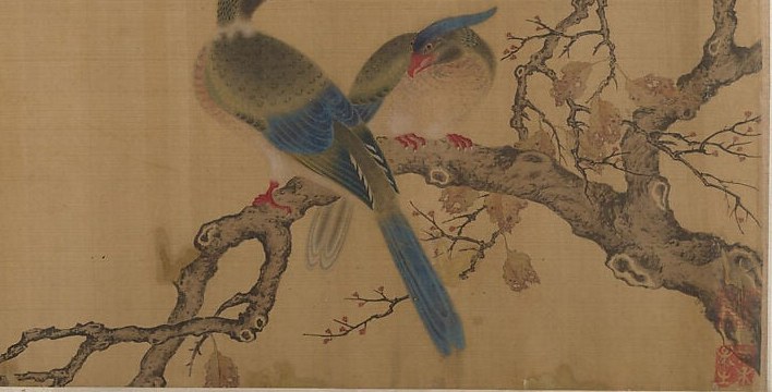 The rough texture and dark ink lines of the branch anchor the composition and provide a stark contrast to the delicate birds.