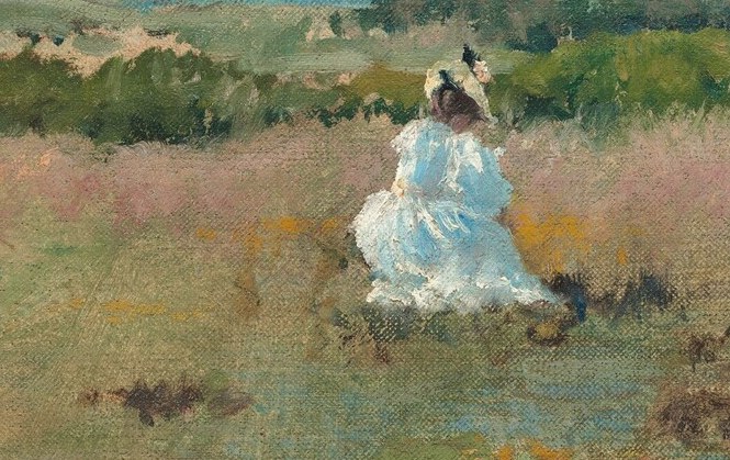 This woman gathers flowers, her blue dress a striking detail.