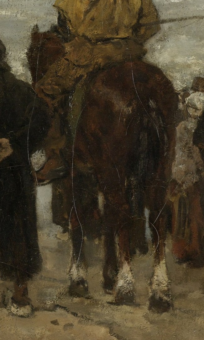 The horse's powerful build and the rider's position on it create a strong central axis.
