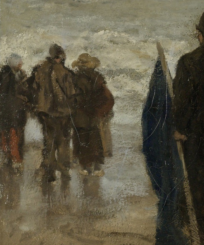 Many villagers gather, their eyes fixed on the distant boats.