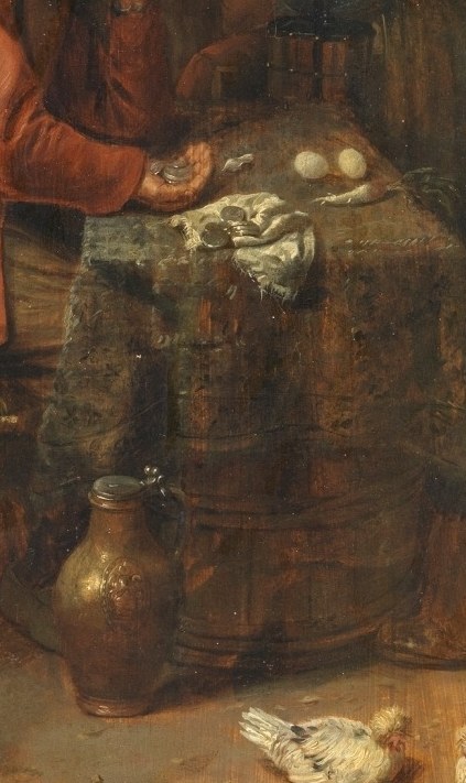 This rustic 'table' grounds the scene in everyday life and suggests a humble setting for the important contract.