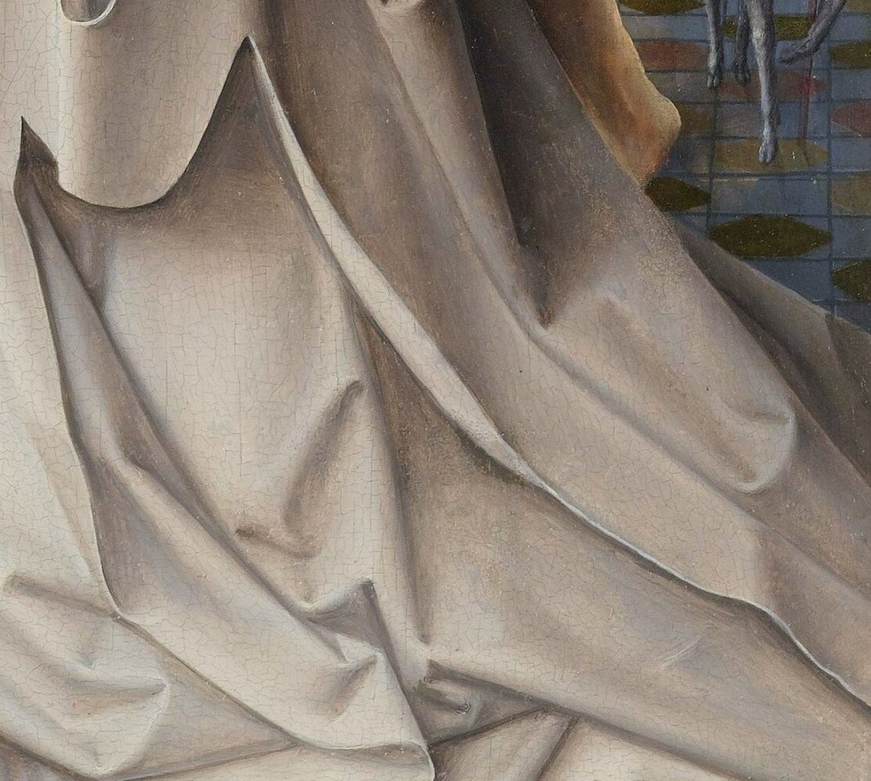 The painter also rendered intricate patterns on the throne's fabric.