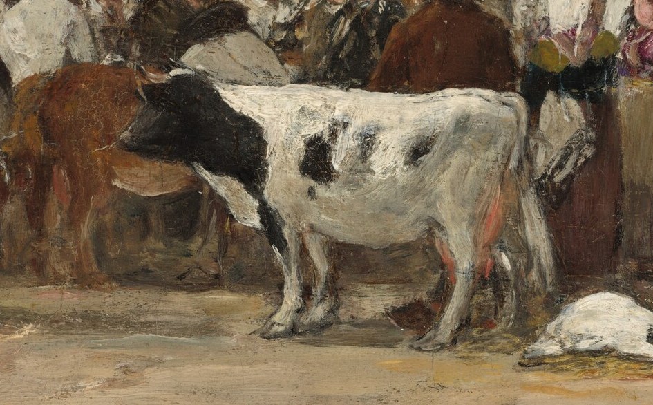 The cow's solid presence anchors the scene and highlights the agricultural aspect of the fair.