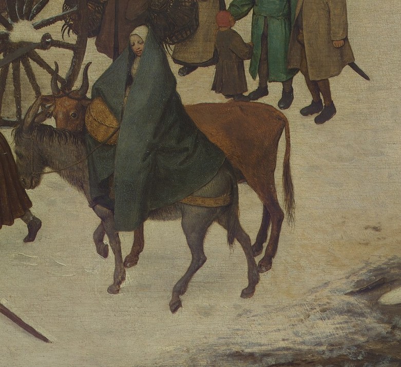 Look at the woman on the donkey, central to the story.