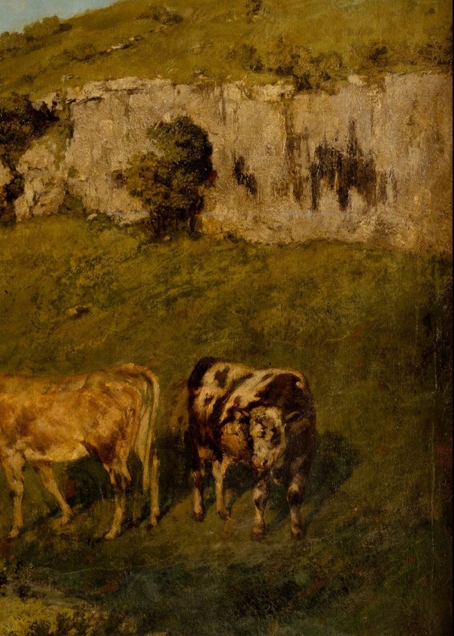The cowherd's charge and the largest animal mass in the frame; its stolid presence anchors the scene in agricultural labor rather than pastoral fantasy