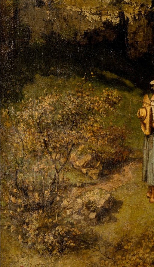 The smallest and simplest figure in the frame, her bare feet against the sisters' elaborate dresses is the class contrast Courbet's critics seized upon