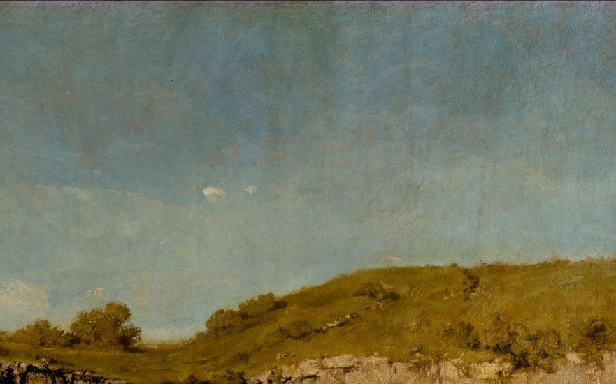 Courbet's signature rock passages; the rough impasto texture here contrasts with the smooth silk dresses below, a deliberate painterly argument about what is real