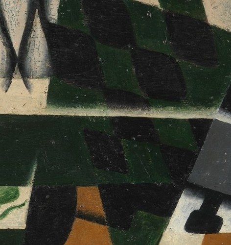 The checkered costume is broken into geometric planes.