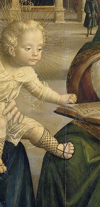 This scene emphasizes familial devotion and the lineage of salvation.