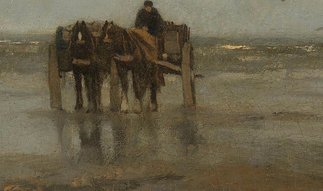 The cart, laden with goods or equipment, implies transport and commerce related to the sea.