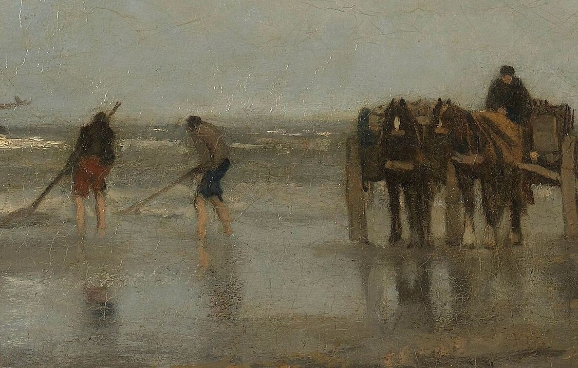 Two figures are shellfishing.