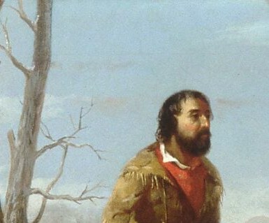 Dominant human presence; direct gaze and weathered beard convey frontier character , the camera's first natural landing point.