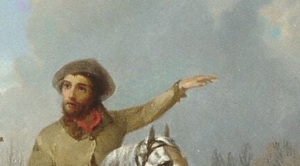 This single gesture is the painting's narrative engine , everything else (dogs, horses, composition) responds to it.