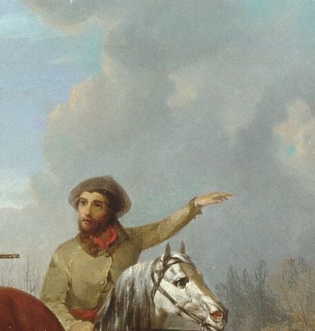 The pointing arm is the painting's action line , it directs both the dogs and the viewer's eye into the unseen wilderness, implying quarry just out of frame.