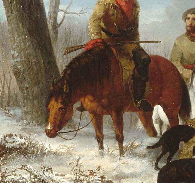 Warm chestnut coat pops against the cold white snow; the horse's alert posture mirrors the hunters' tension.