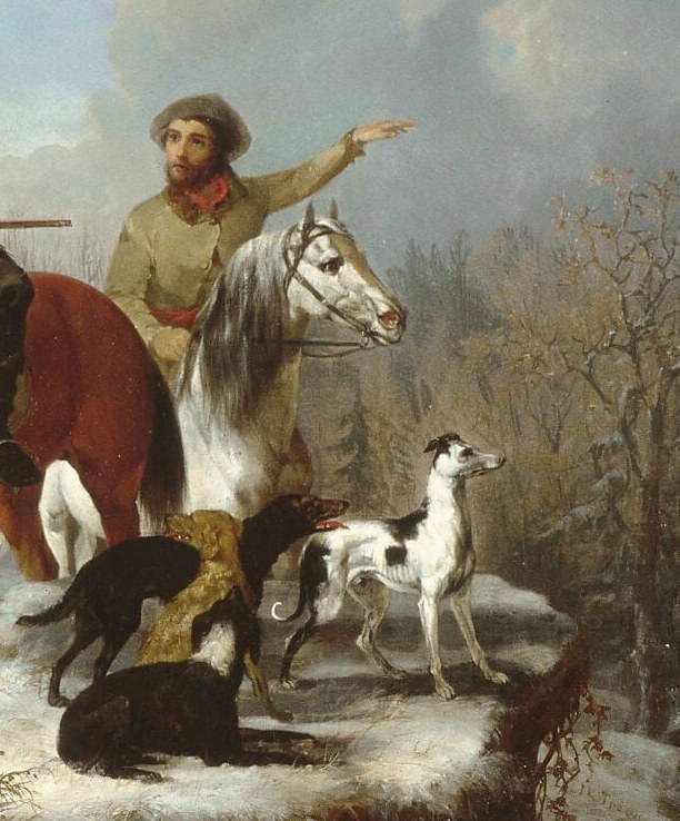 The horse's near-white coat blends with the snow, creating a visual rhyme between mount and landscape , a subtle compositional trick.