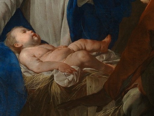 Only the Christ Child fully glows in this darkness.
