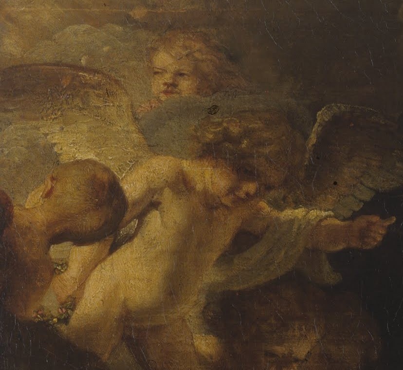 Angels hover, adding a soft radiance.