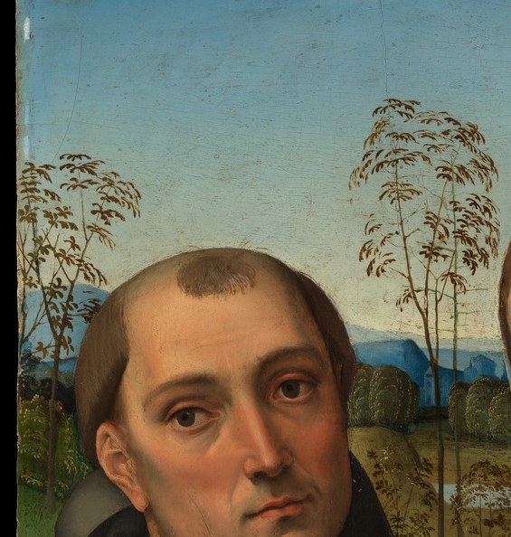 Francis's introspective downward gaze and brown habit identify him instantly; his emotional interiority contrasts with Jerome's scholarly bearing.