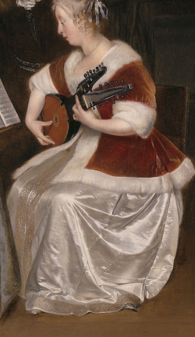 Here, a woman practices the theorbo, a large lute.