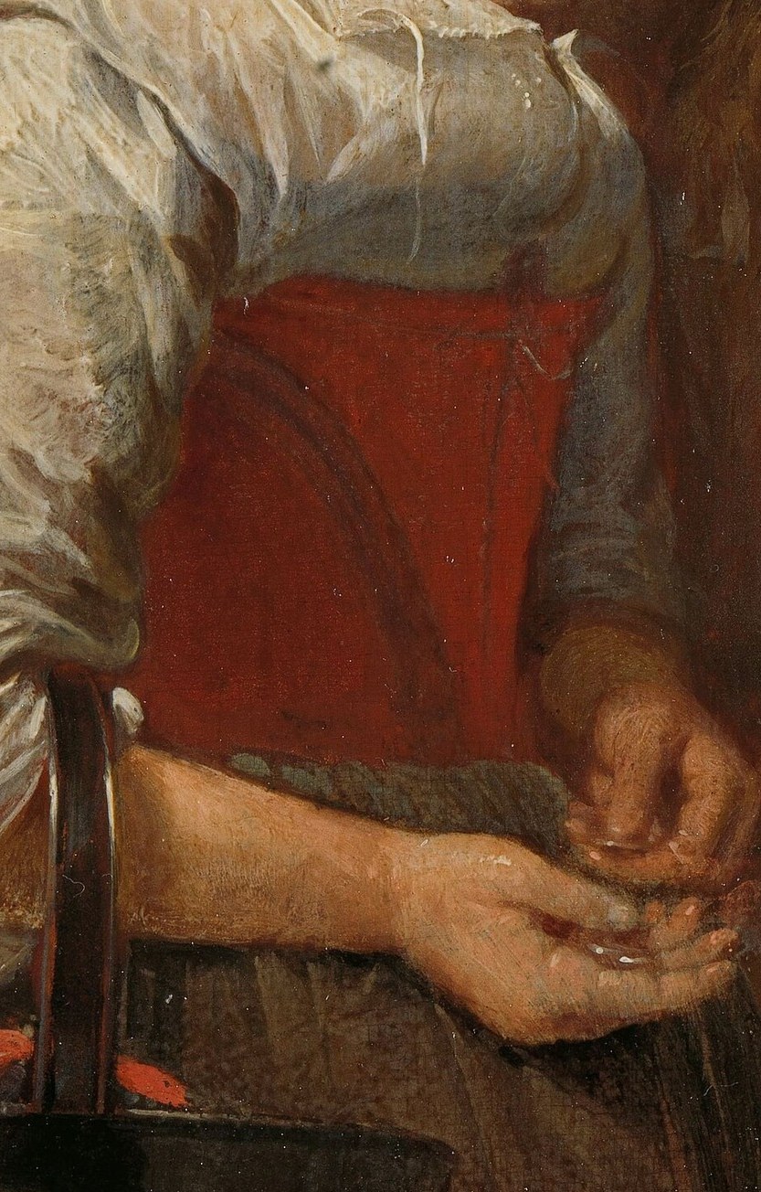 Her red apron signifies her trade.