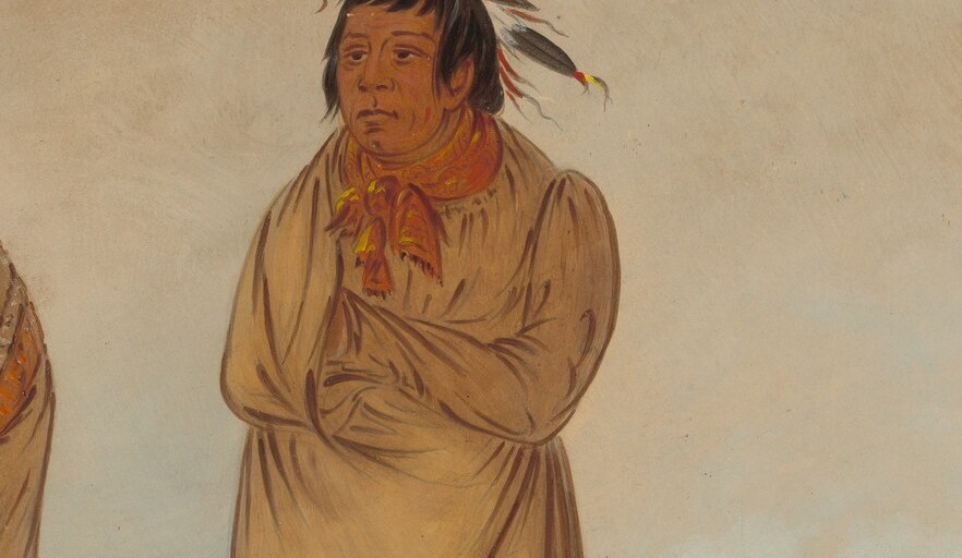 The eagle feathers, high on his head, signal a warrior of distinction.