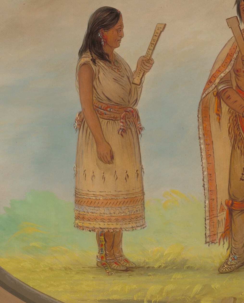 The object she carries is likely a written treaty to be discussed.