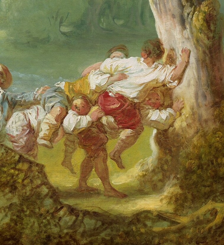 A blindfolded child tries to catch the rest.