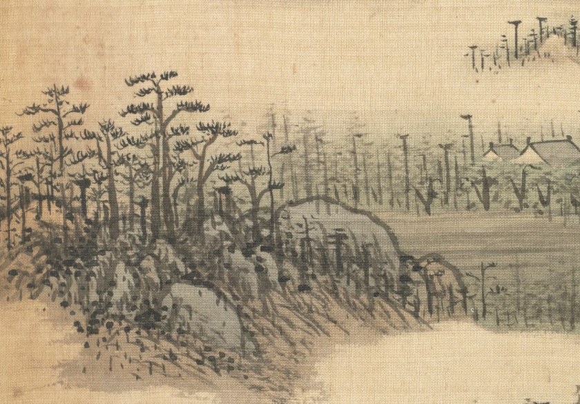 The textured rendering of the trees conveys a sense of depth and the wild, untamed aspect of the mountain.
