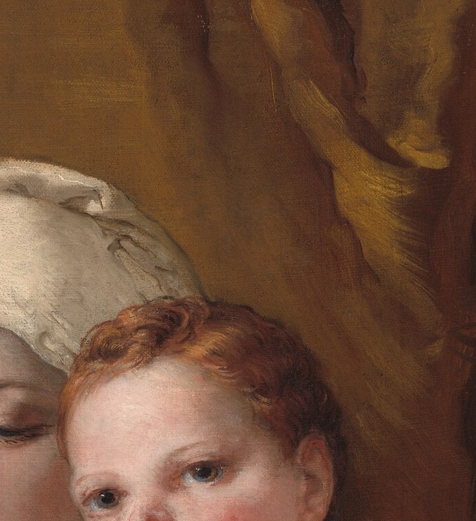 Wide-eyed and directly engaging; the ruddy warmth contrasts with the Madonna's pale introspection, staging innocence against sorrow