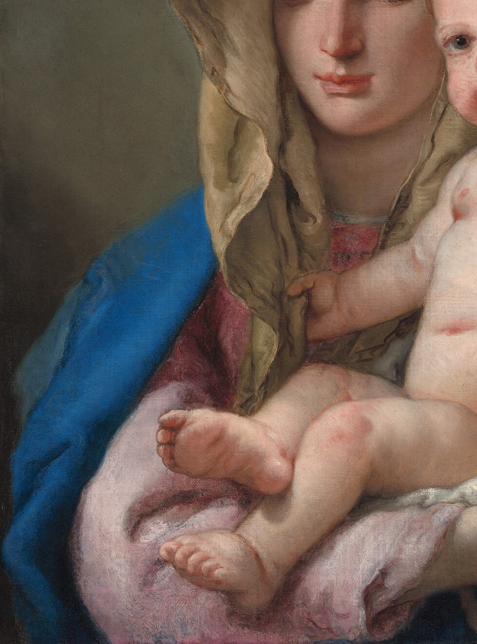 The saturated blue anchors the composition and declares the figure's identity without a halo; Tiepolo uses it as both symbol and visual weight