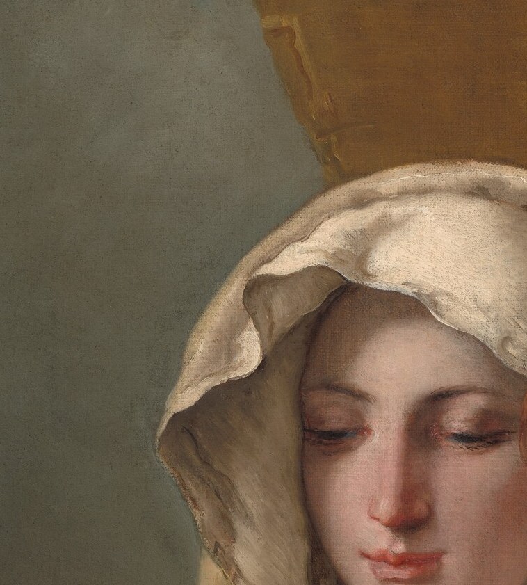Profile tilted toward the Child; the downward gaze reads as both tenderness and foreknowledge of the Passion , a quietly tragic expression