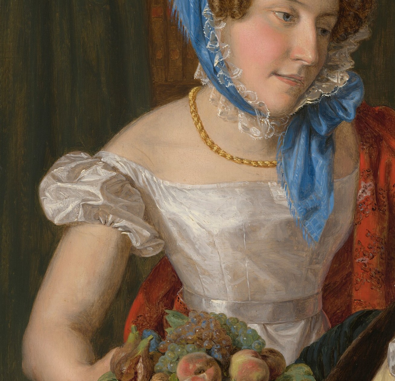 His wife holds a basket of fruit, the emblem of home.