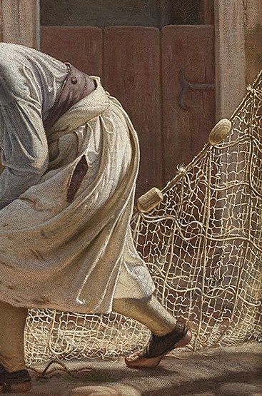 The tangled net represents his livelihood.