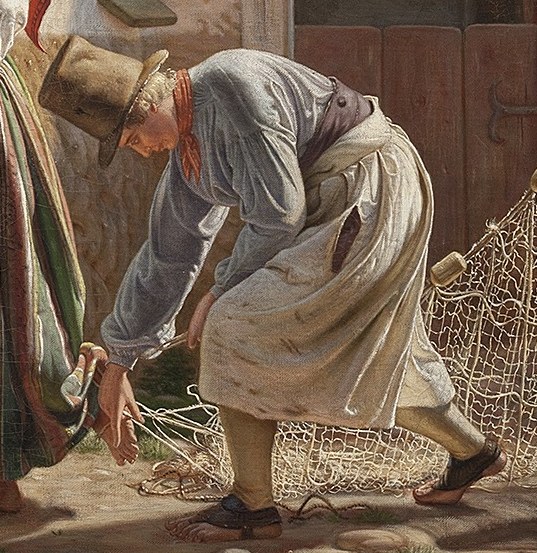 He is absorbed in mending the fishing net.