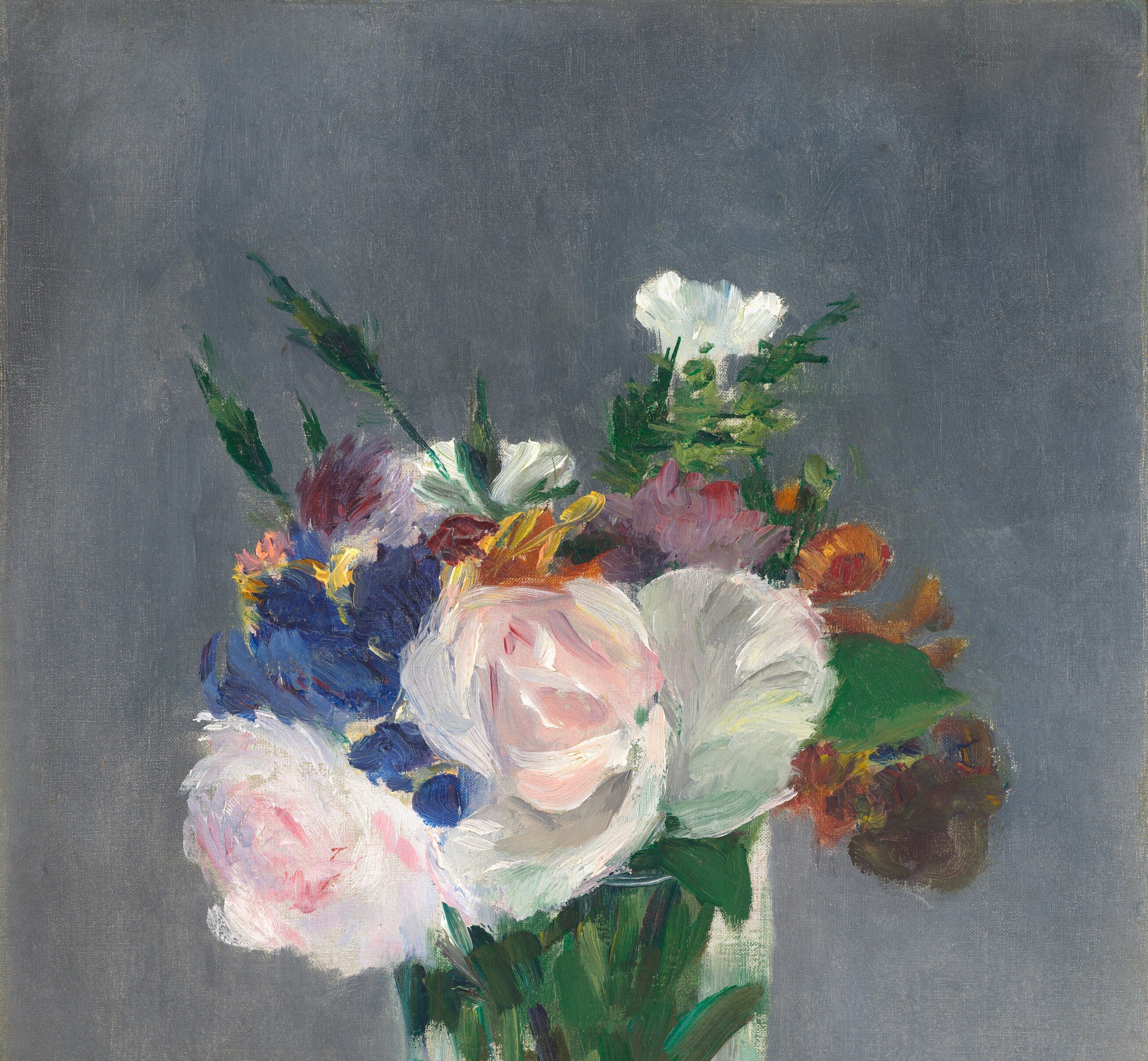 The deliberately empty, unmodulated background isolates the bouquet , stripping away context forces all attention onto surface, light, and paint.