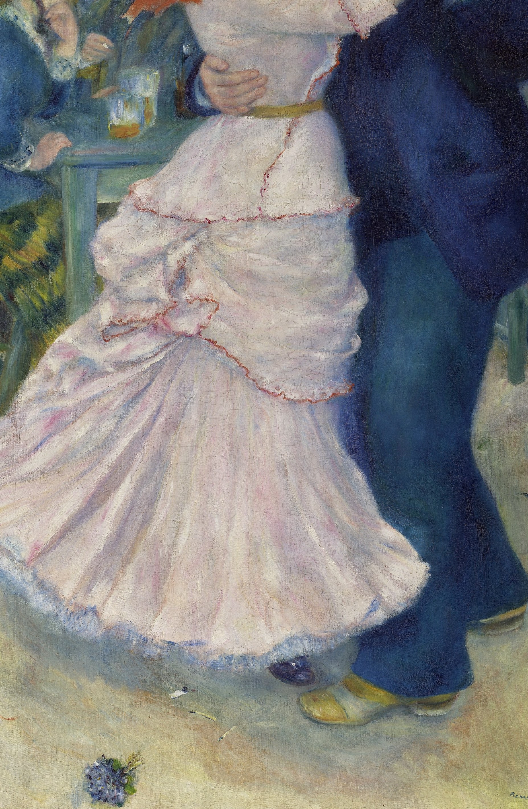 Renoir's bravura passage: the dress is not painted as cloth but as light itself, with broken strokes of pink, lavender, and white that dissolve at the edges