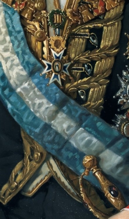 The prominent sash, with its crisp blue and white stripes, adds a splash of color and signifies rank.
