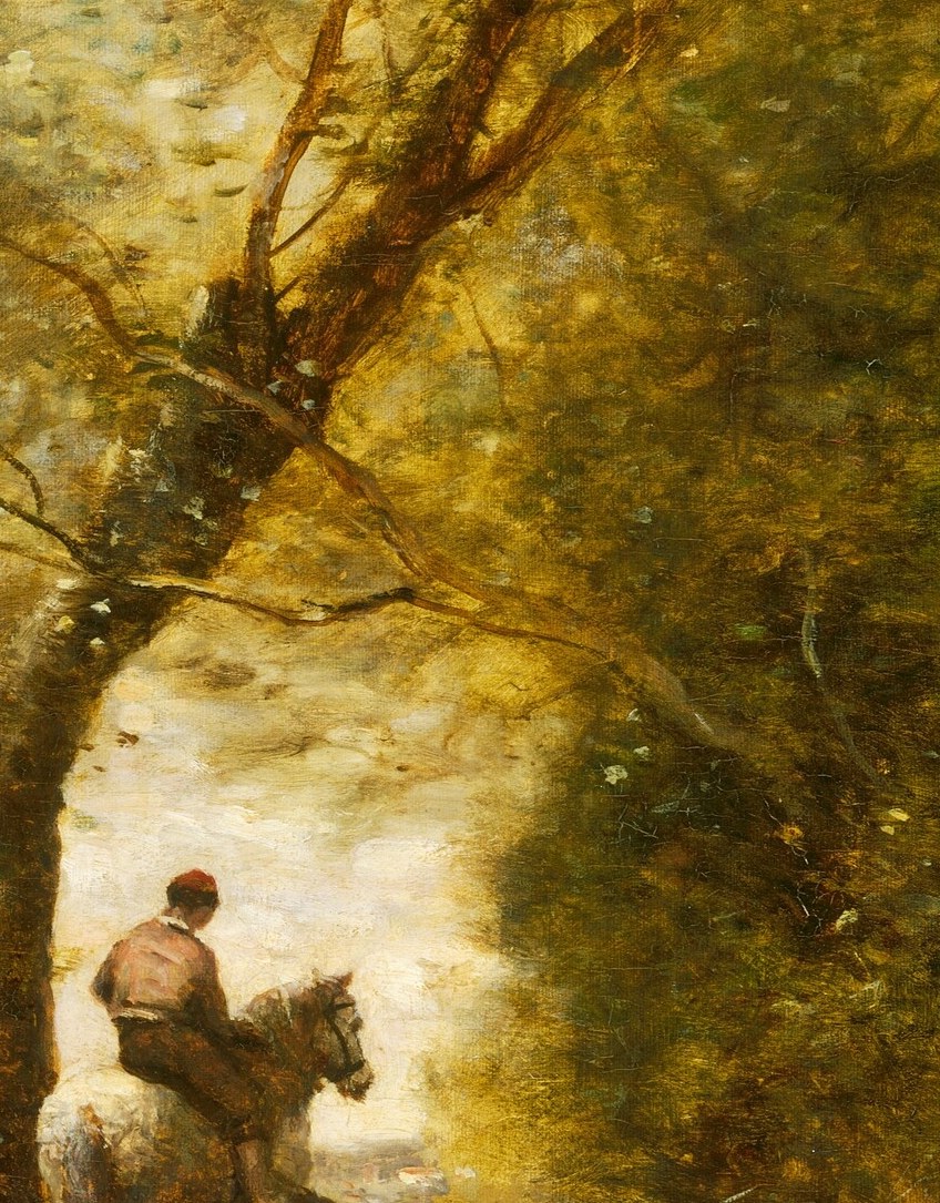 A lone rider moves deeper into the woods.